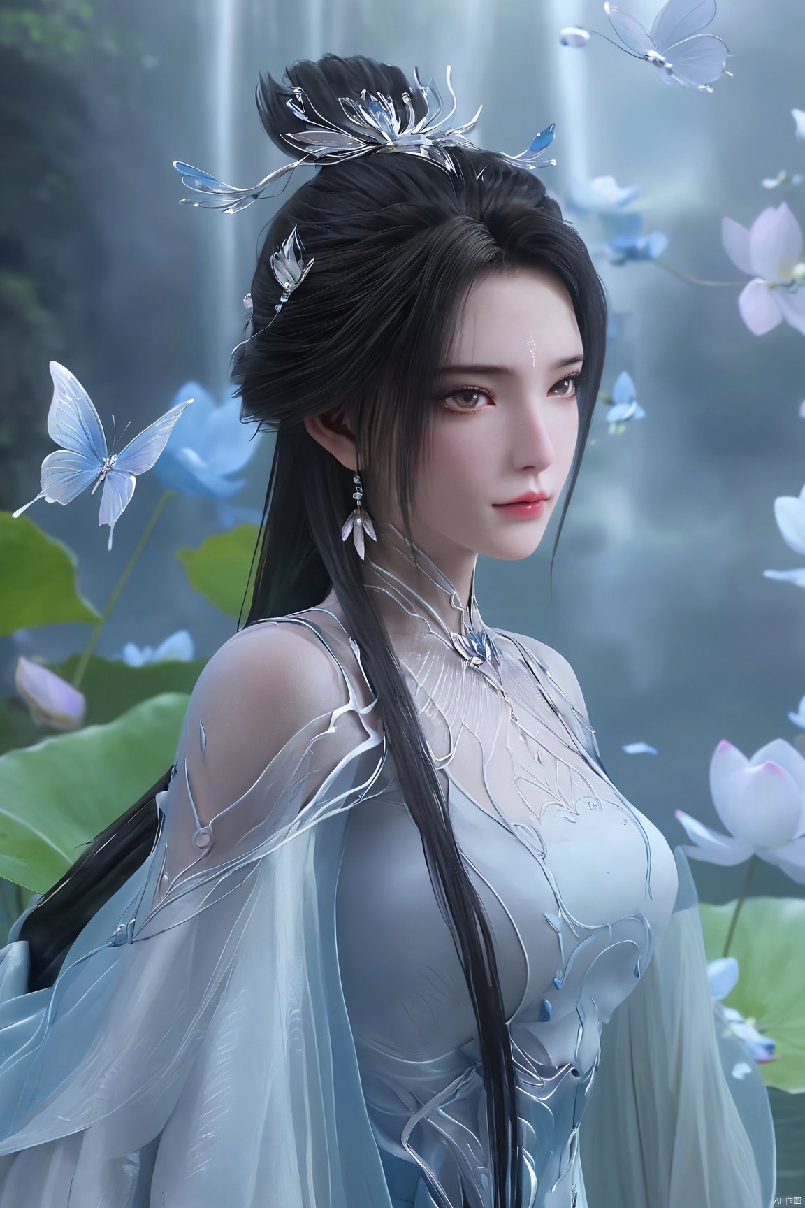 masterpiece,(best quality),official art,(extremely delicate and beautiful),solo,(chinese clothes,long dress,bare shoulders,frilled collar,earrings,long sleeves),1girl,solo,black hair,facial mark,forehead mark,hair bun,hair ornament,hair stick,jewelry,long hair,,Xluxueqi,(big breasts:1.59),(flowers,Waterfall, lotus, willow, butterfly:1.23),Water_butterfly, X-Hydrangea