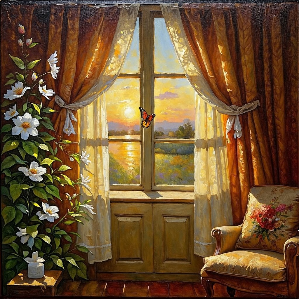 A masterfully rendered oil on canvas masterpiece depicts a serene evening scene, with velvety brushstrokes and vivid colors. A delicate, lace-curtained window frame adorns the background, softly glowing with warm golden light. In the foreground, a Butterfly on flower, 