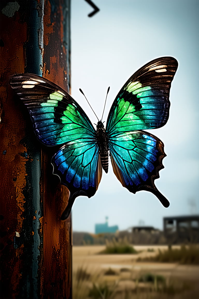 Digital painting of a glowing, iridescent blue and green butterfly with atomic pattern, perched on a rusted, decayed sign in a post-apocalyptic wasteland, muted colors, dim light, abandoned, eerie, desolate, surreal, atmospheric, mysterious, detailed, vibrant, contrasting elements, cinematic, dramatic, high-resolution, epic