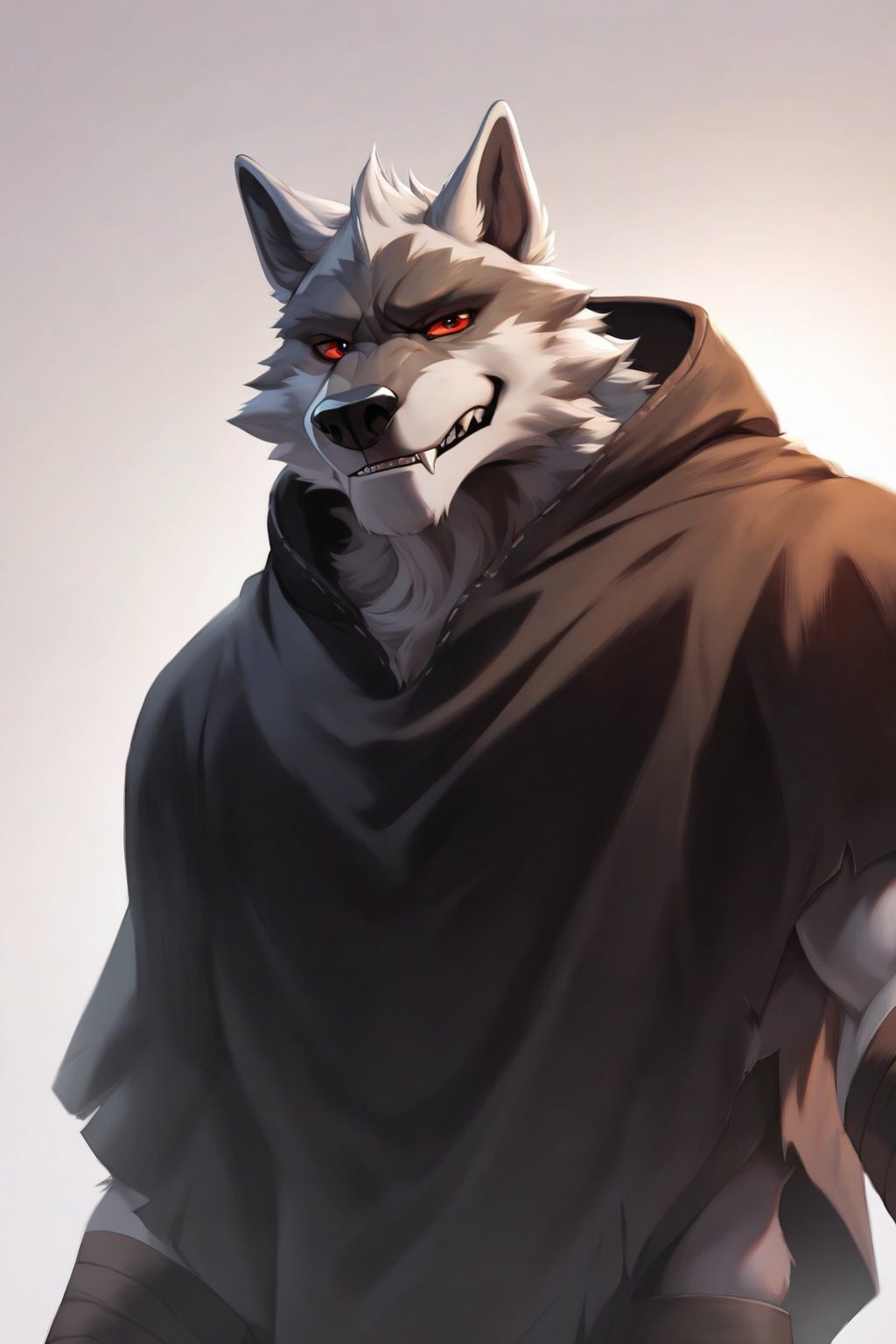 score_9, score_8_up, score_7_up, score_6_up, score_5_up, score_4_up, source_furry, masterpiece, best quality, lots of details, dynamic pose, BREAK, wolf anthro, Death \(character\), wolf, 1boy, solo, red eyes, gay, yaoi, bara, homo, handsome, shaded, detailed shading, detailed skin, shaded skin, realistic shading, perfect hands, perfect anatomy, countershading:1.1, looking at viewer, standing, cowboy shot, serious face, fangs, black hooded cape, from below