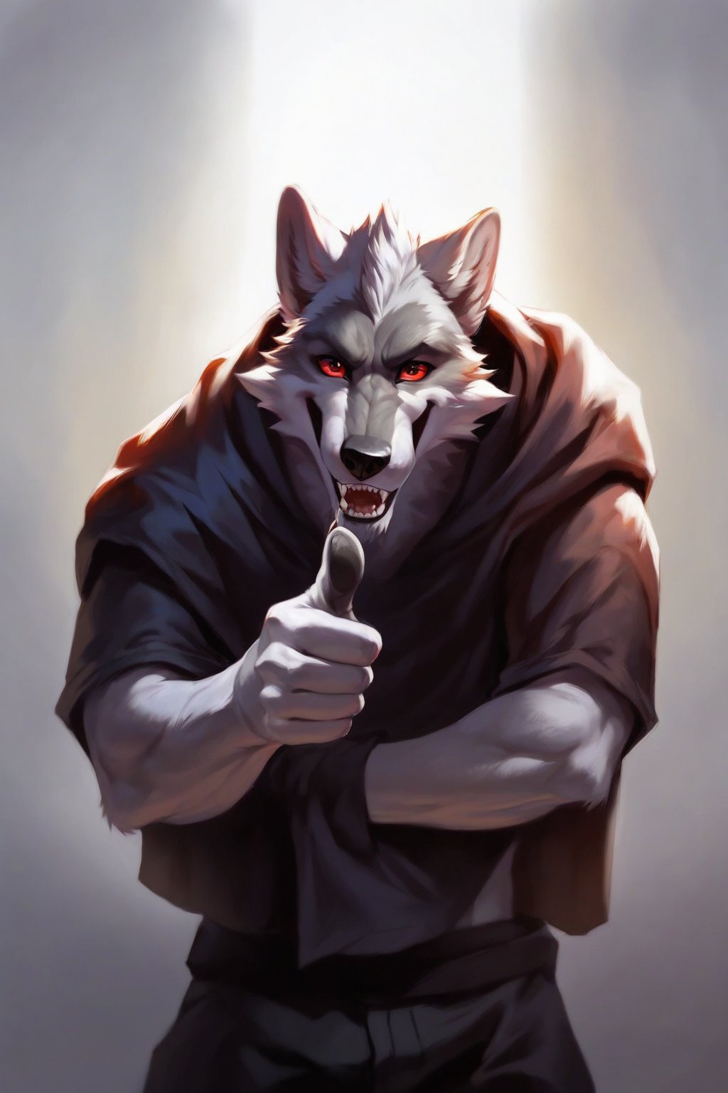 score_9, score_8_up, score_7_up, score_6_up, score_5_up, score_4_up, source_furry, masterpiece, best quality, lots of details, dynamic pose, BREAK, wolf anthro, Death \(character\), wolf, 1boy, solo, red eyes, gay, yaoi, bara, homo, handsome, shaded, detailed shading, detailed skin, shaded skin, realistic shading, perfect hands, perfect anatomy, countershading:1.1, looking at viewer, standing, cowboy shot, upper body, happy, open mouth, thumbs up