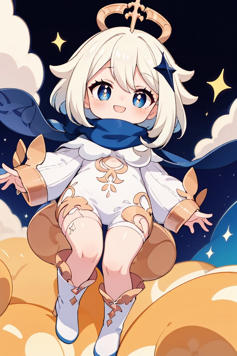 ((masterpiece, best quality)), high resolution,ultra detailed,8k,16k,detailed background, perfect lighting,1girl,from front,loli,look at viewer,paimon \(genshin impact\),boots,hair ornament,cape,scarf,white hair,gradient eyes,white pupils,happy smile