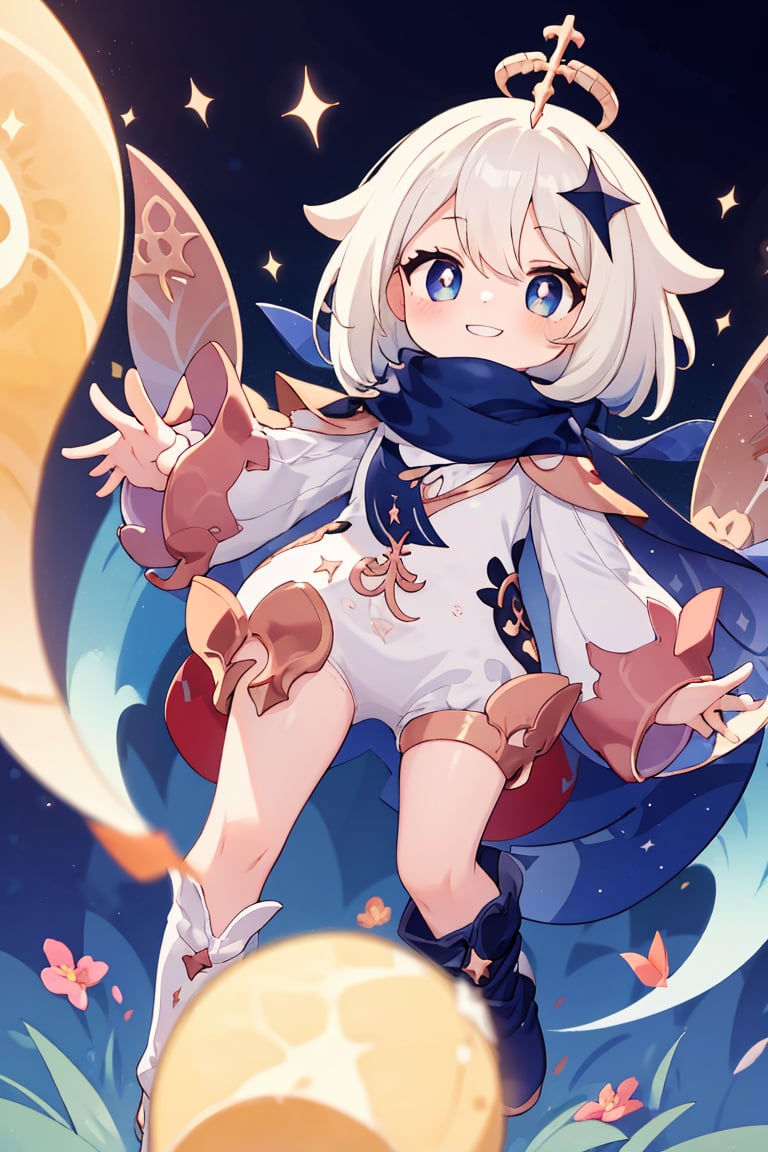 ((masterpiece, best quality)), high resolution,ultra detailed,8k,16k,detailed background, perfect lighting,1girl,from front,loli,look at viewer,paimon \(genshin impact\),boots,hair ornament,cape,scarf,long socks,white hair,gradient eyes,white pupils,,boots,hair ornament,cape,scarf,long sockshappy smile