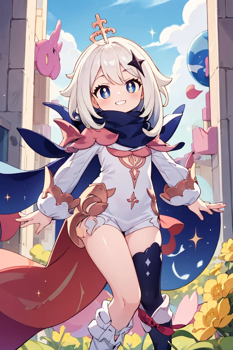 ((masterpiece, best quality)), high resolution,ultra detailed,8k,16k,detailed background, perfect lighting,1girl,from front,loli,look at viewer,paimon \(genshin impact\),boots,hair ornament,cape,scarf,long socks,white hair,gradient eyes,white pupils,,boots,hair ornament,cape,scarf,long sockshappy smile