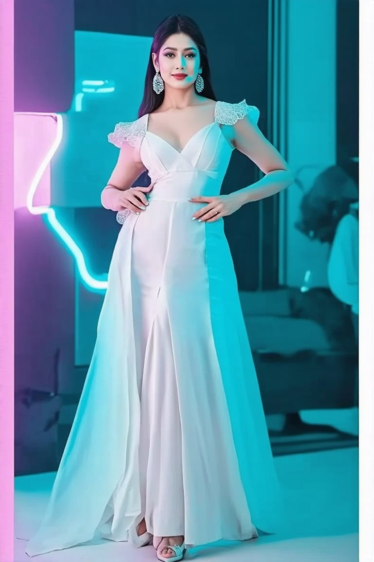 a Indian woman in futuristic dress is posing in front of a neon light, in the style of realistic hyper-detailed rendering, white and cyan, greeble, timeless grace, evgeni gordiets, blink-and-you-miss-it detail, otherworldly beings --ar 51:91 --style raw --s 750 --v 5.1