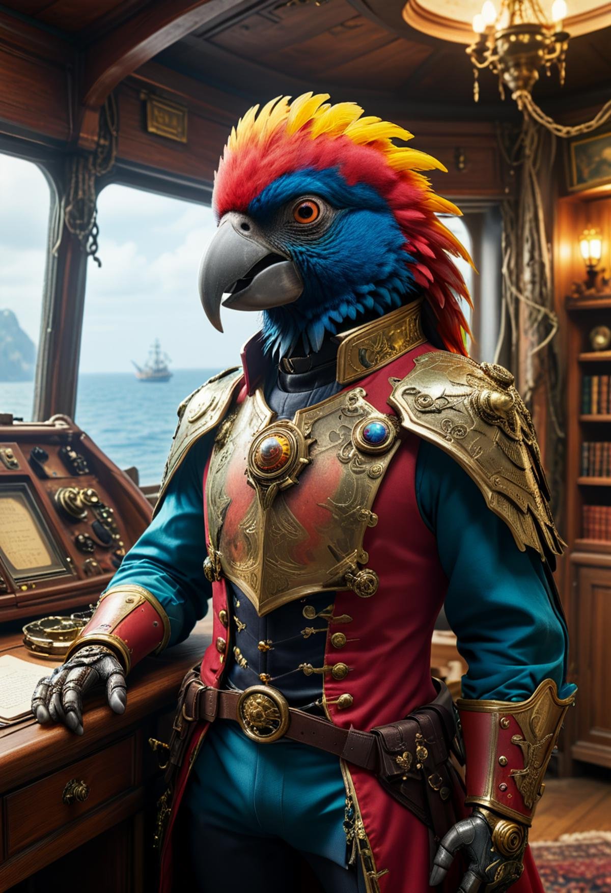 Craft an epic, cinematic scene blending (Human | Parrot) characteristics into one magnificent hybrid Cyborg entity, standing alone in the Captain's Quarters of a grandiose Pirate Ship. Imagine a regal figure with a Natural, Multicolored human Parrot Head seamlessly melded onto a fully functional Human robot Body, complete with taloned feet. Wearing a Pirate Hat. Arrange the layout according to the Rule of Thirds, positioning the main subject slightly offset from center stage while maintaining direct eye contact with the Viewer. Set against the backdrop of a sprawling Pirate Treasure Map strewn carelessly across the room's opulent writing desk, inject splashes of vibrant color throughout the frame to keep the audience enthralled and invested in the narrative. style of Victor Moscoso, style of Todd McFarlane, style of Ruan Jia,