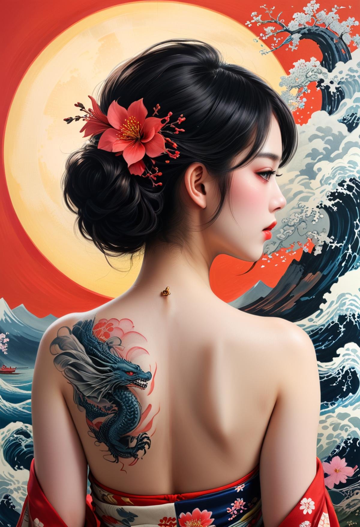 Super detailed masterpiece 8k, girl, (beautiful face)++ A girl shows off her entire back with superb Japanese ukiyo-e tattoosYakuza style dragon Mount Fuji that fill the entire back. , the sakura geisha kamikaze red sun wave is simply a piece of art. Pin close up on her back contrasting with the beautiful lines of the girl in the background of a simple Japanese style