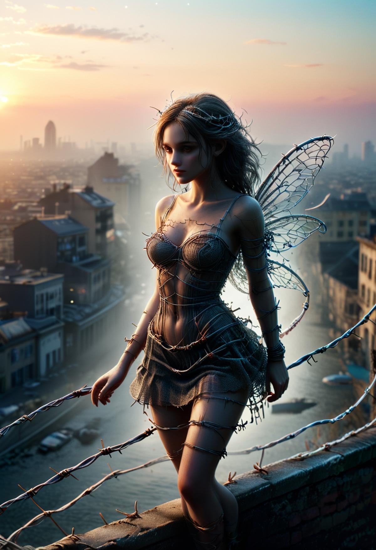 ral-barbwire,In the waning light of day, a solitary fairy-like figure is enshrouded in barbed wire, her delicate, translucent wings reflecting the last rays of the sunset. The wire, a lattice of sorrow, stretches from her, piercing through the city's heart, as if to draw out its hidden melancholy. Her eyes, pools of profound sadness, gaze wistfully at the sprawling urban scape, her ephemeral beauty a stark contrast to the enduring city structures. The scene is steeped in a haunting, cinematic atmosphere, with each barb on the wire catching the light to create a poignant tableau of light and shadow. The city, bathed in the twilight glow, mirrors her forlorn silhouette, each building telling its own tale of desolation. This moment captures the fragility of joy in the vast theatre of life, painting a portrait of a fairy connected to the world's sorrow, her transparency an echo of the fleeting nature of happiness