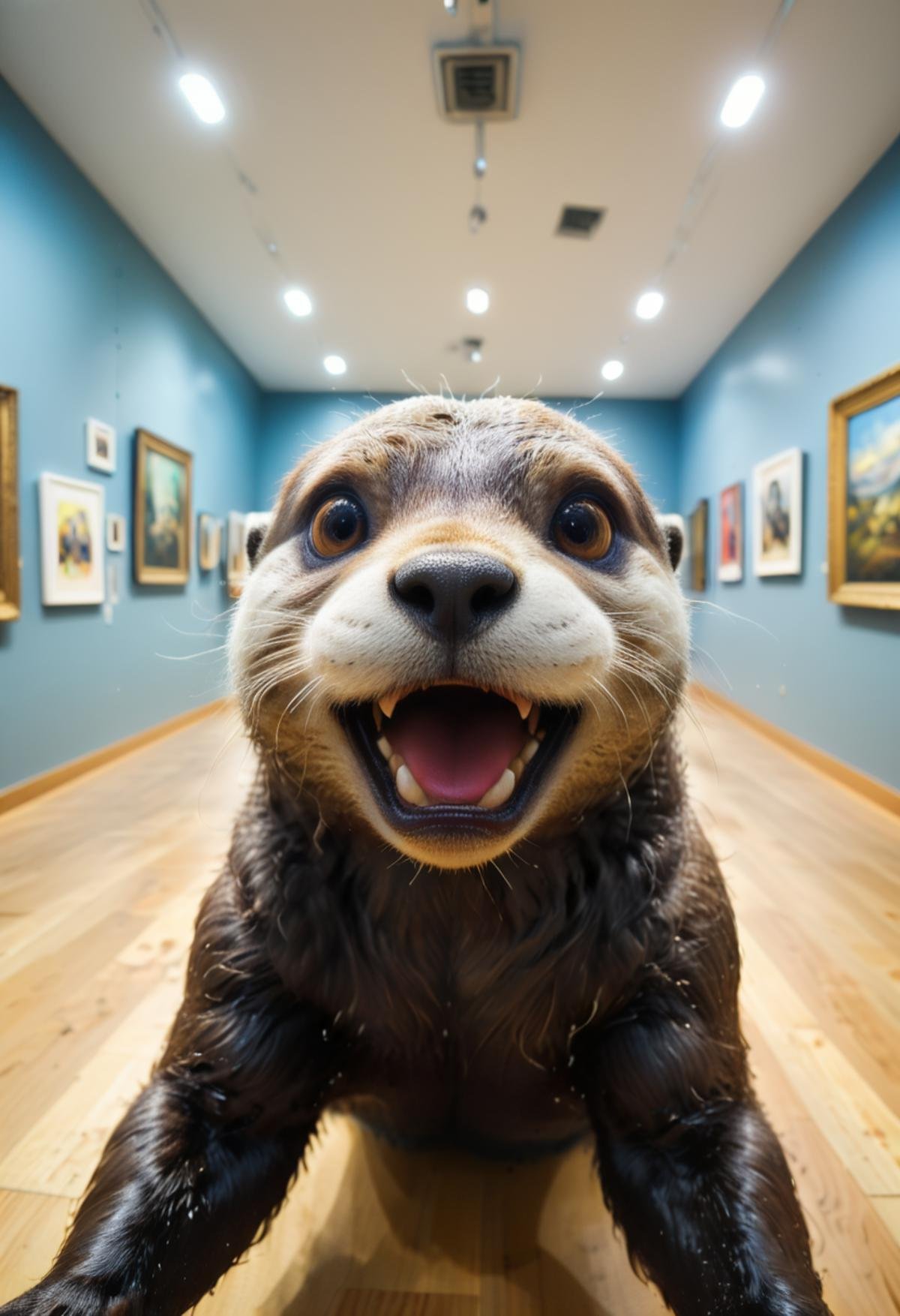 a otter takes a selfie in time-bending art gallery, in the style of fisheye effects, funny mood, strong facial expression, wimmelbilder, tilt shift,