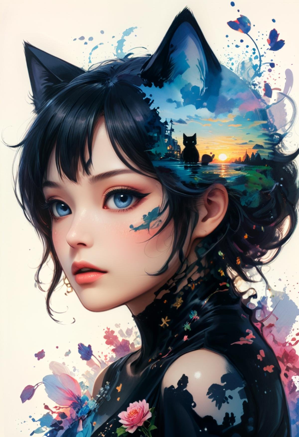 no scars to your beautiful kitten" double exposure collage art illustration, silhouette art, fantasy, hdr, vibrant, surrealism, hyperdetailed, hypermaximalist illustration, art by Anime Key Visual, Japanese Manga, Pixiv, Zerochan, Anime art, Fantia