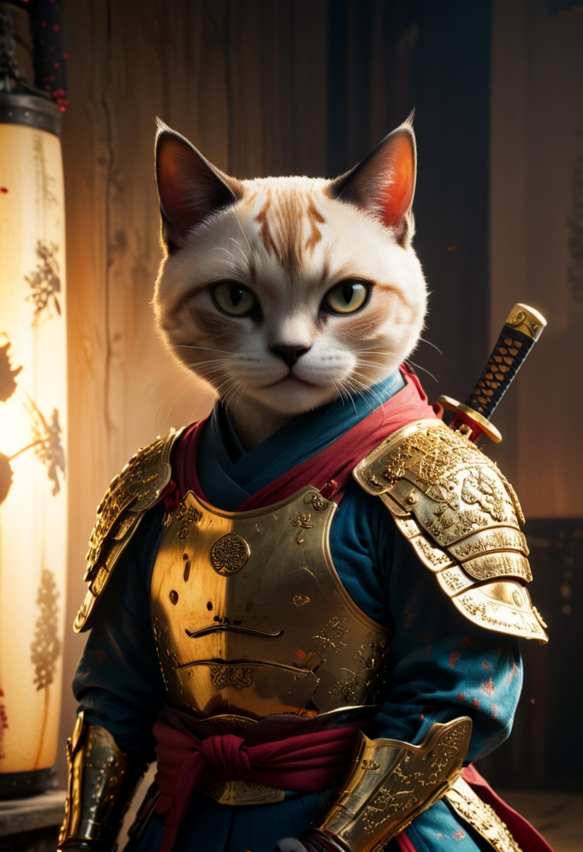 inkpunk, anthropomorphic Siamese Cat Samurai, (samurai armor:1.2), Japanese painting style, holding a katana, cinematic lighting, golden ratio, perfect composition, elegant, no crop, 4k, sharp focus, masterpiece, backlight, cinematic, highly detailed, extremely colorful, vibrant, dark, moody lighting