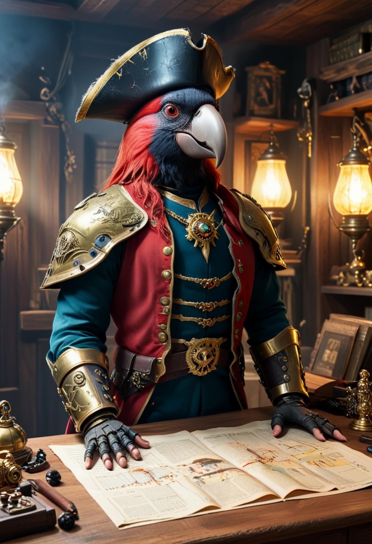 Craft an epic, cinematic scene blending (Human | Parrot) characteristics into one magnificent hybrid Cyborg entity, standing alone in the Captain's Quarters of a grandiose Pirate Ship. Imagine a regal figure with a Natural, Multicolored human Parrot Head seamlessly melded onto a fully functional Human robot Body, complete with taloned feet. Wearing a Pirate Hat. Arrange the layout according to the Rule of Thirds, positioning the main subject slightly offset from center stage while maintaining direct eye contact with the Viewer. Set against the backdrop of a sprawling Pirate Treasure Map strewn carelessly across the room's opulent writing desk, inject splashes of vibrant color throughout the frame to keep the audience enthralled and invested in the narrative. style of Victor Moscoso, style of Todd McFarlane, style of Ruan Jia,