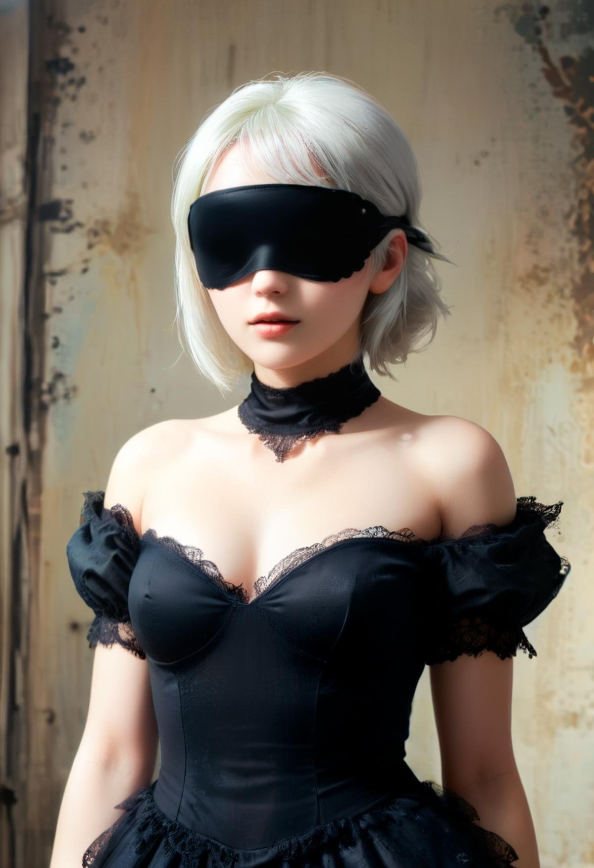 Photography of 1girl, (2B (NieR: Automata), black blindfold, hairband, white hair:1.5), posing for a fashion magazine, gown, ball dress, luxurious living room, intricate details