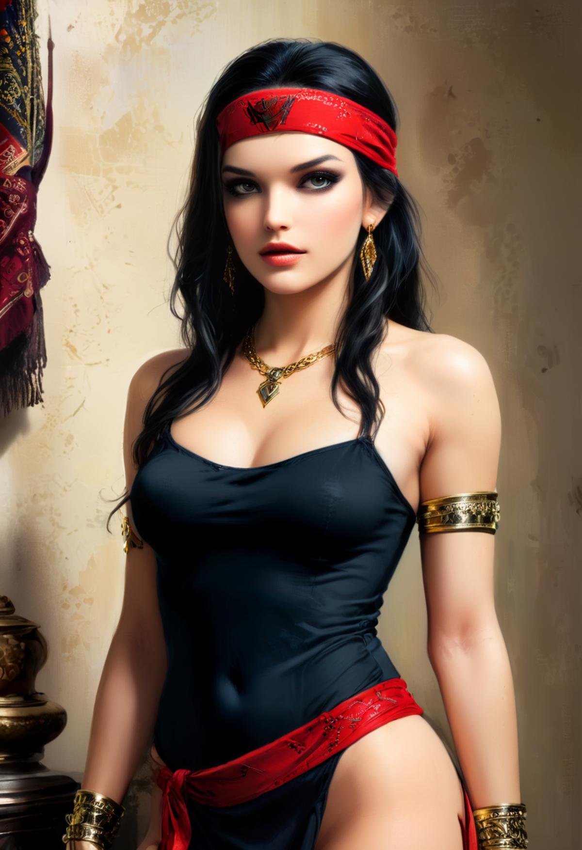 Photography of 1girl, (Elektra (Marvel Comics) black hair, bandana, makeup, jewelry, earrings:1.5), posing for a fashion magazine, gown, ball dress, luxurious living room, intricate details