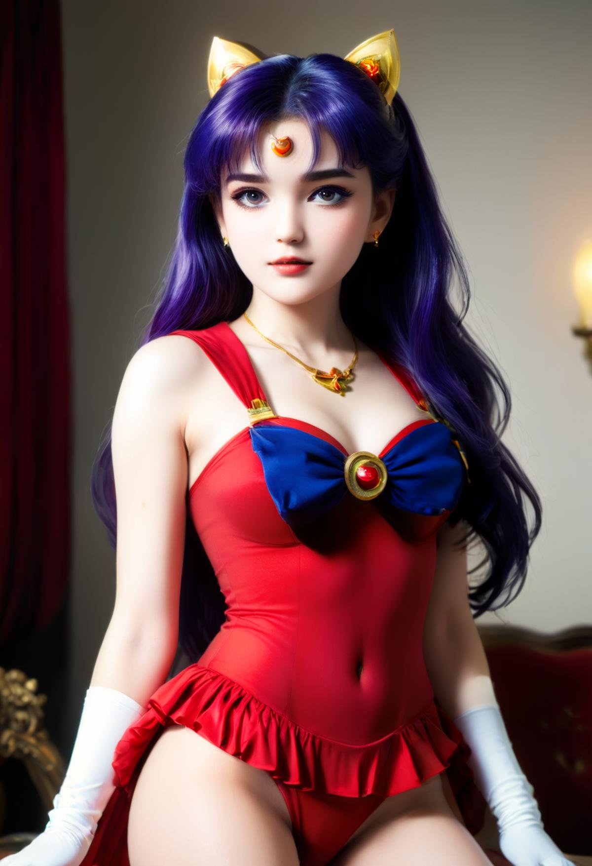 Photography of 1girl, (Sailor Mars (Sailor Moon), purple hair, long hair, red sailor collar:1.5), posing for a fashion magazine, gown, ball dress, luxurious living room, intricate details