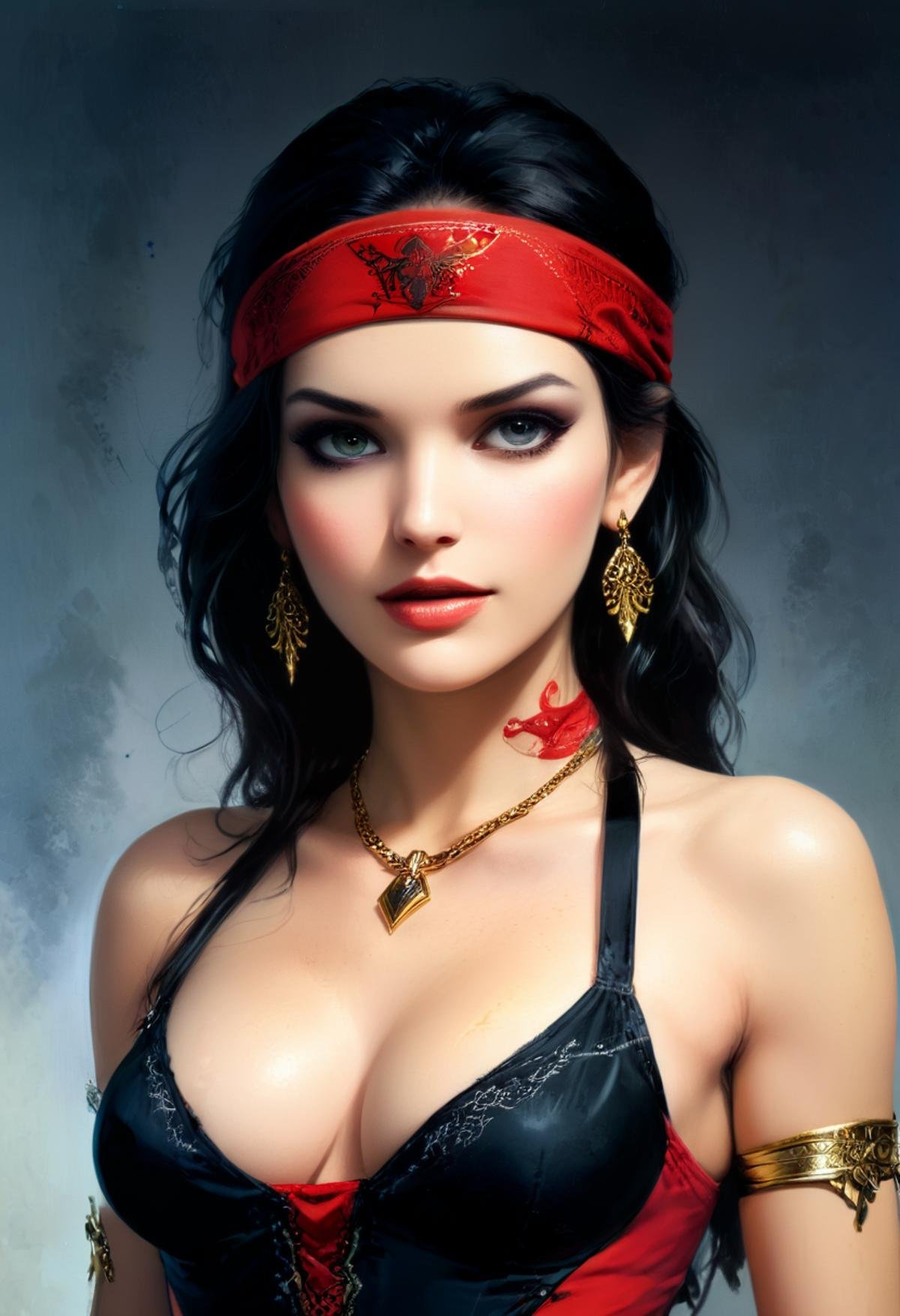 Illustration of 1girl, (Elektra (Marvel Comics) black hair, bandana, makeup, jewelry, earrings:1.5), posing for a fashion magazine,  A captivating, come-hither finger beckoning with a grin, A daring, deep-plunging neckline dress that demands confidence, Luis Royo Style, intricate details,