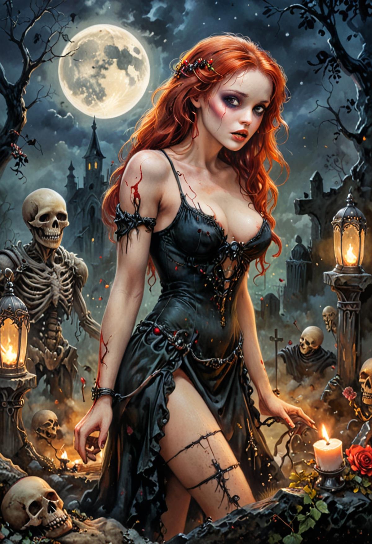 redheaded Corpse crawls out of the candlelit grave at midnight cemetery, art by Boris Vallejo and Luis Royo, a whimsical mystical world, intricate details, masterpiece, very artistic, perfect composition, impressionist very bold brushstrokes