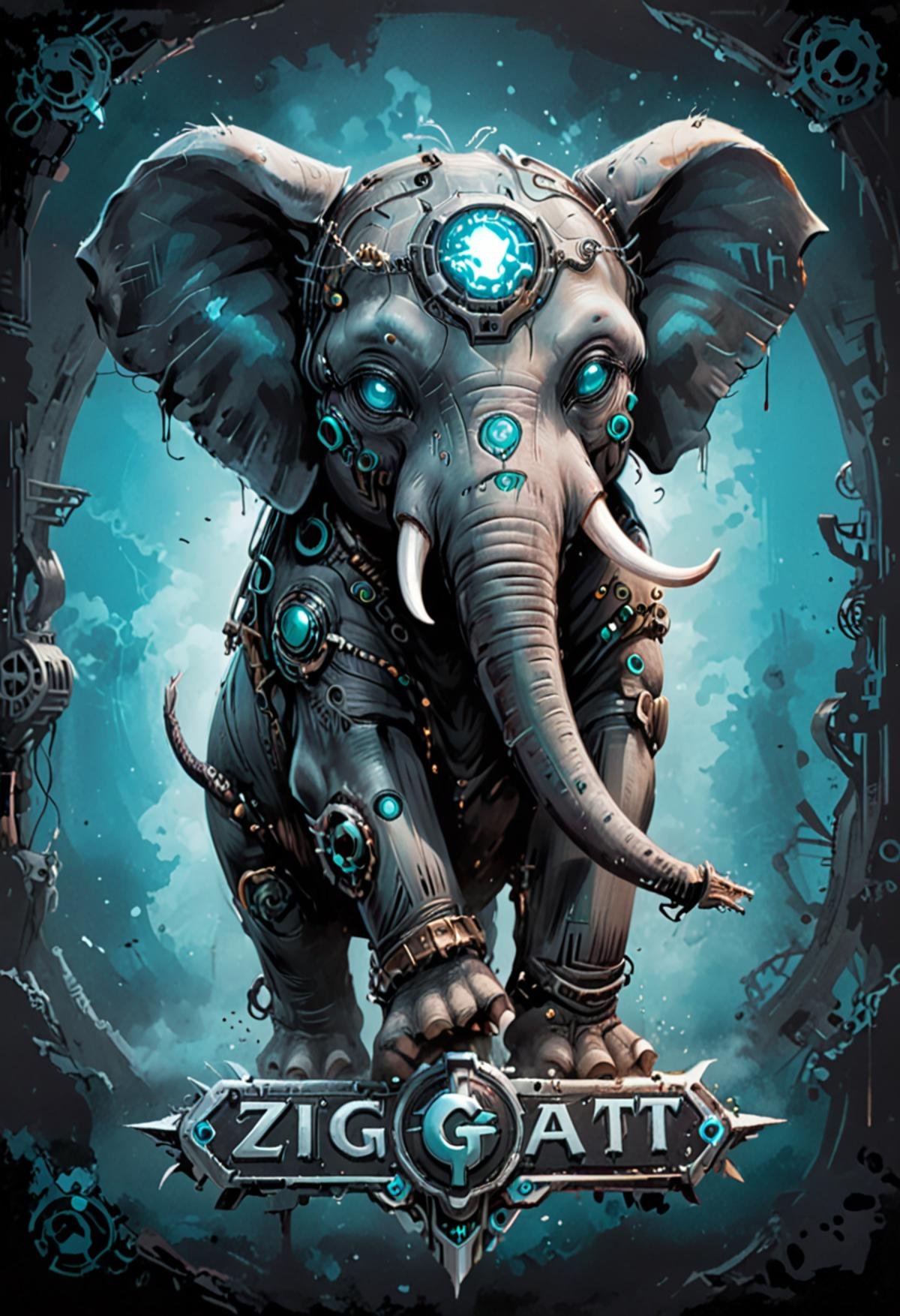 logo, vector, black, white, turquoise, (TEXT: "ZIGGART"), mystic, fantasy, cyberpunk, steampunk, (elephant:1.2), detailed.,