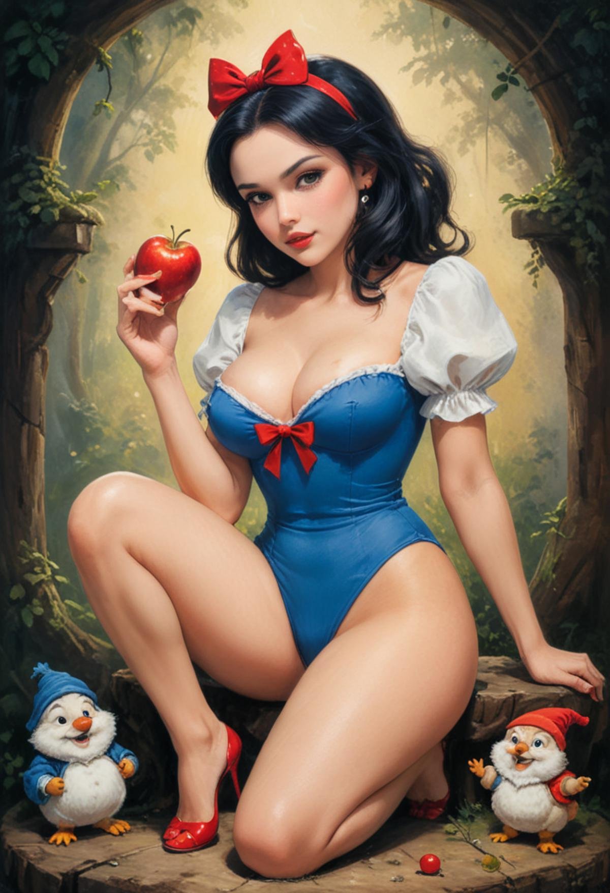 Pin up version of Snow White and the seven dwarfs painted in the style of Olivia De Berardinis