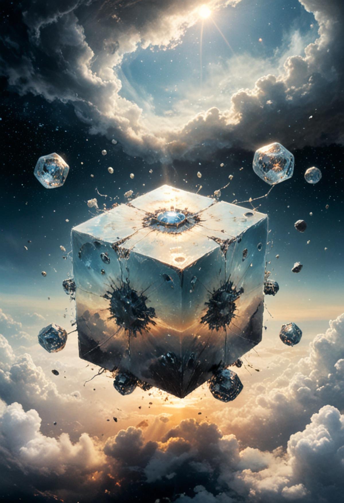 Bosch-style, a translucent cube traps eerie clouds, the starsscape warps, time distorts, surrealism reigns, stars, Glowing, sparkling