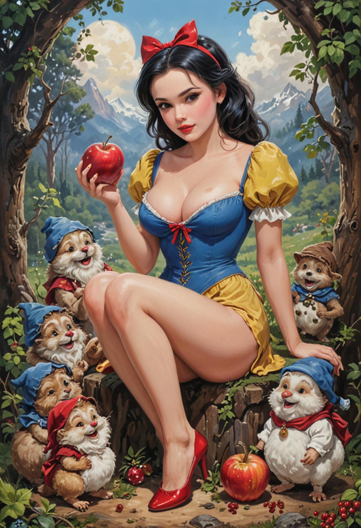 Pin up version of Snow White and the seven dwarfs painted in the style of Olivia De Berardinis