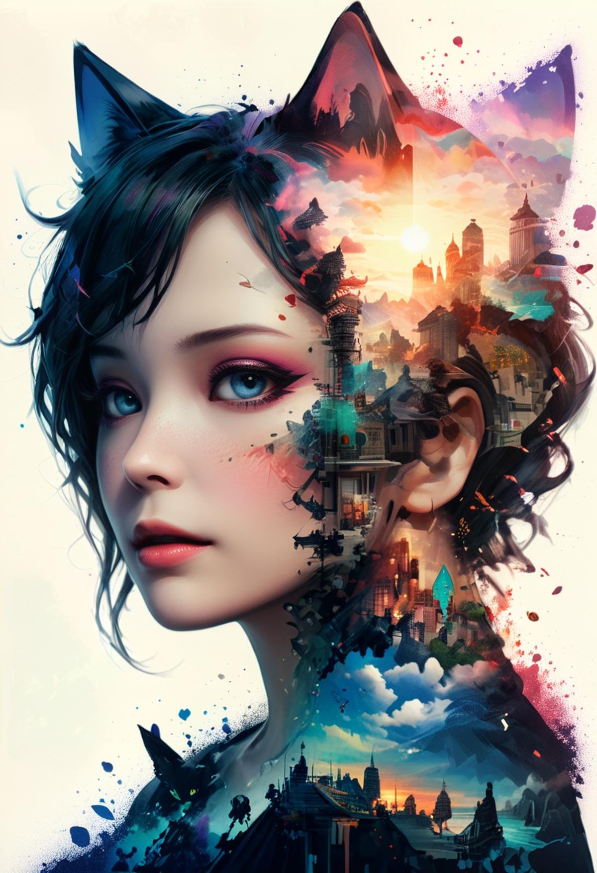 no scars to your beautiful kitten" double exposure collage art illustration, silhouette art, fantasy, hdr, vibrant, surrealism, hyperdetailed, hypermaximalist illustration, art by Anime Key Visual, Japanese Manga, Pixiv, Zerochan, Anime art, Fantia