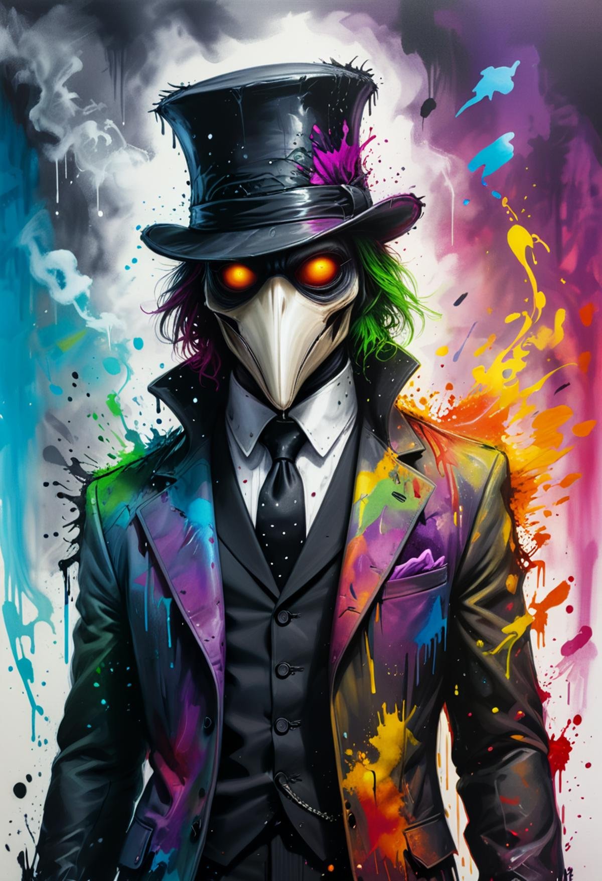 Plague Doctor dressed in a muti-colored flannel tuxedo, top hat, surrounded by bubbling, splatering, and checkered cloud-like ink. Include an exquisite angel's wing with a radiant halo and a menacing demon's wing with a horn. Set this against a backdrop resembling a splattered urban landscape, executed in the dynamic style of vibrant paint pens