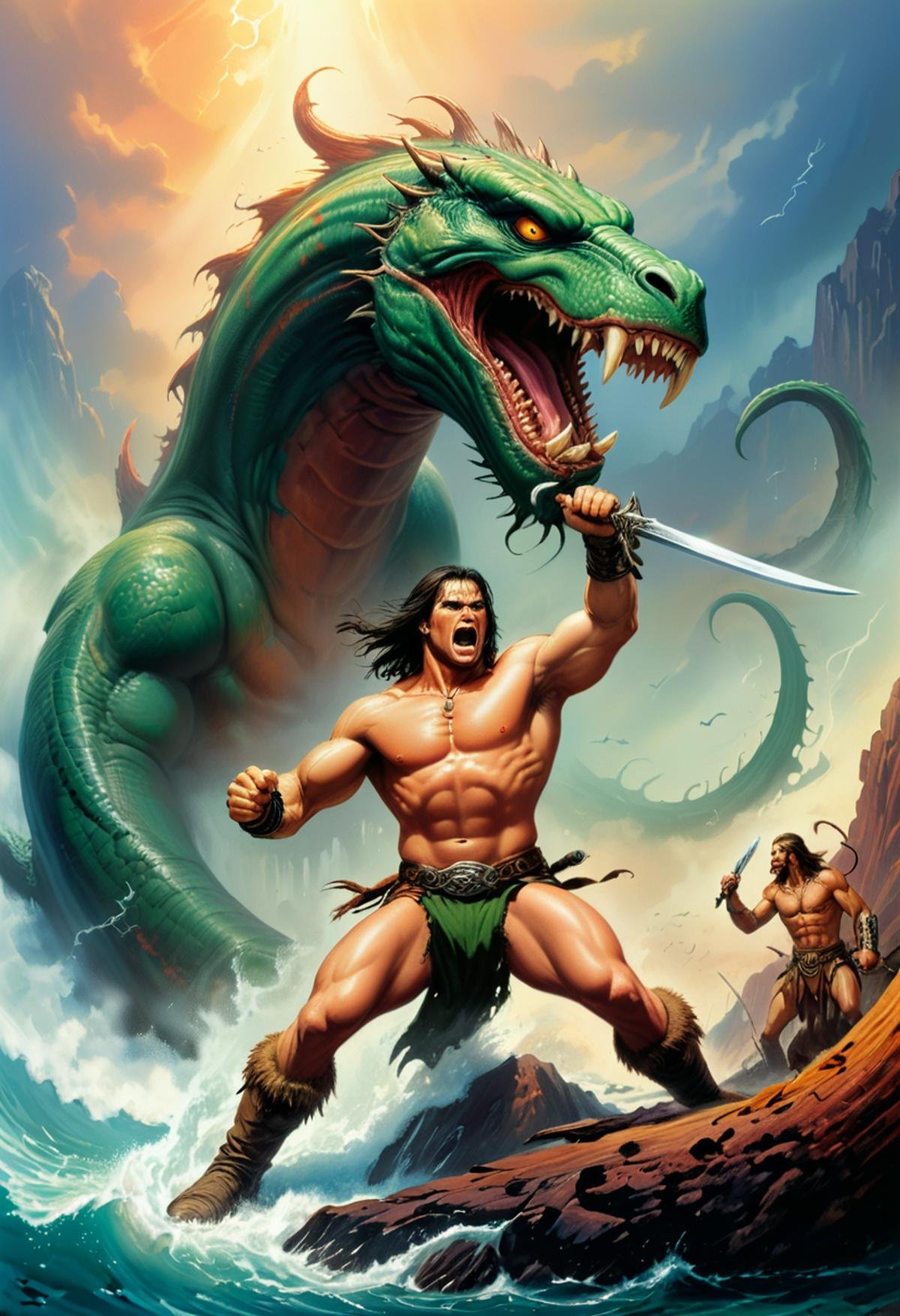 conan the barbarian attacks a large angry serpent, sword and sorcery, bb book cover, stunning fantasy art by boris vallejo