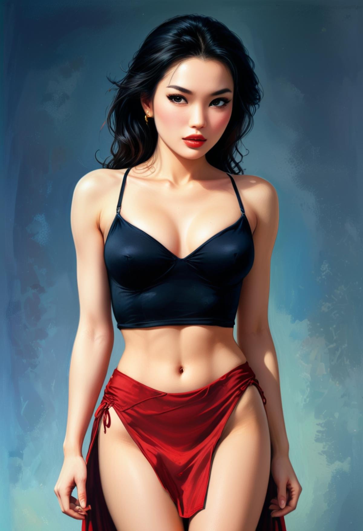 Galmour Illustration of Mulan from Disney, pin-up 80s style, , wearing A sophisticated, high-slit skirt with a matching crop top, A flirtatious look over the shoulder with tousled hair, in the style of Boris Vallejo