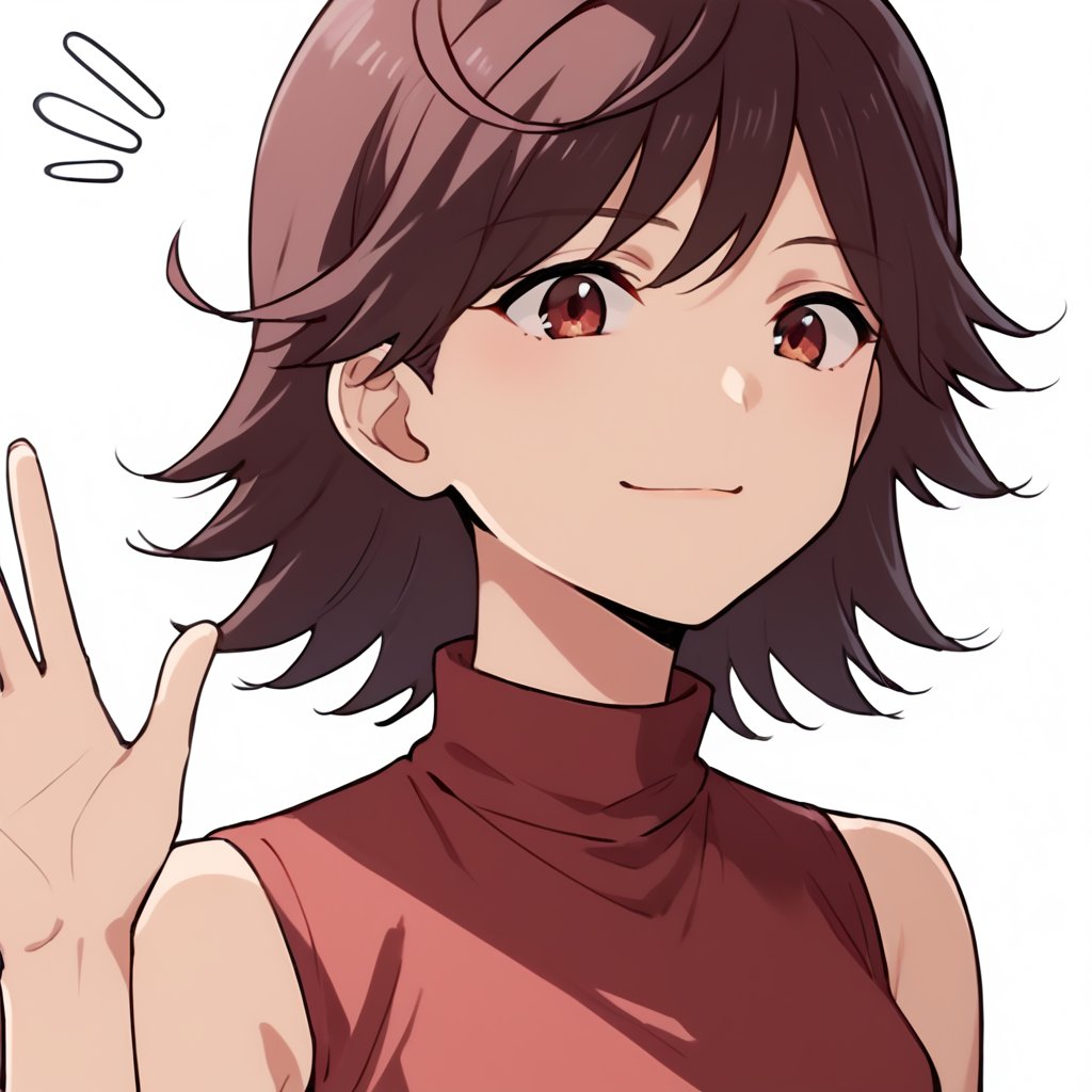 score_9, score_8_up, score_7_up, 1girl, akane_(etra_chan_saw_it), red eyes, medium hair, red shirt, sleeveless, turtleneck, sleeveless turtleneck, blue pants, upper body, waving, perfecteyes, simple background, white background