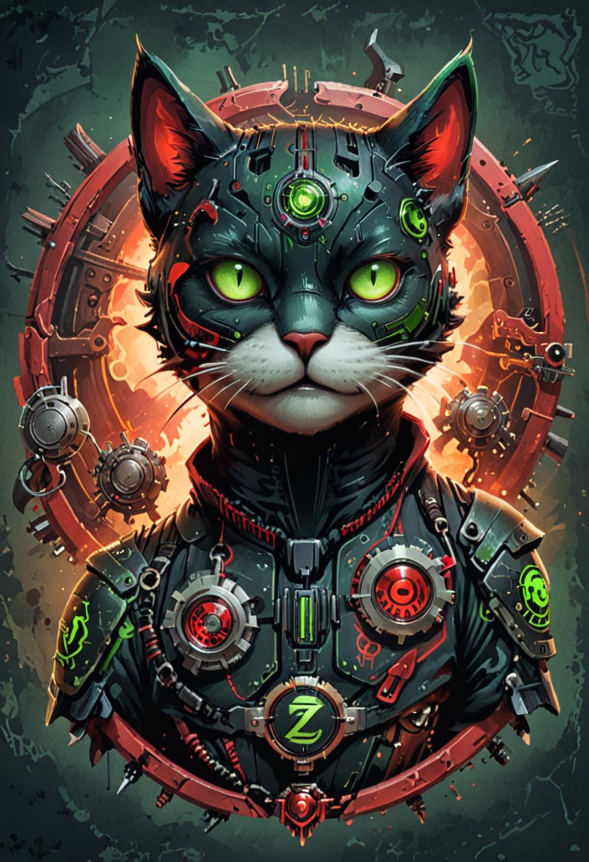 logo, vector, black, red, green, (TEXT: "ZIGGART"), mystic fantasy cyberpunk steampunk cat, detailed.