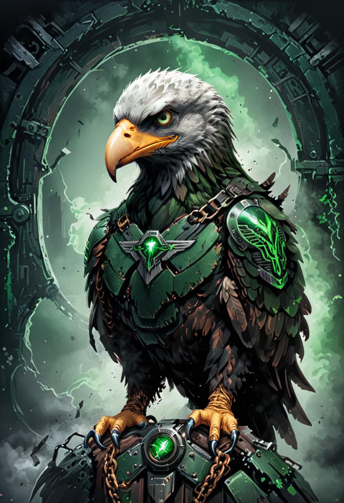 logo, vector, black, green, green, (TEXT: "ZIGGART"), mystic, fantasy, cyberpunk, steampunk, (bald eagle:1.2), detailed.,