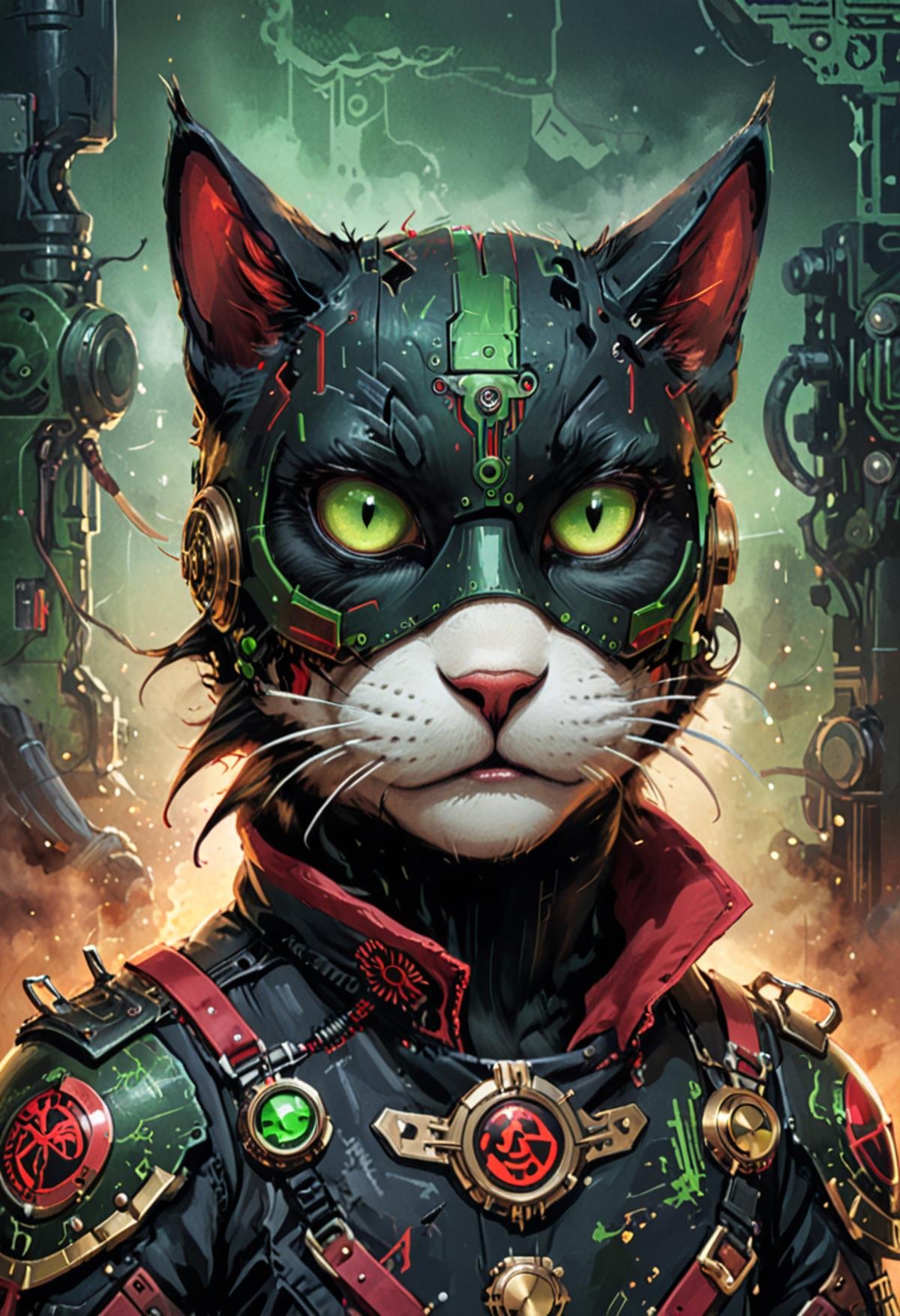 logo, vector, black, red, green, (TEXT: "ZIGGART"), mystic fantasy cyberpunk steampunk cat, detailed.