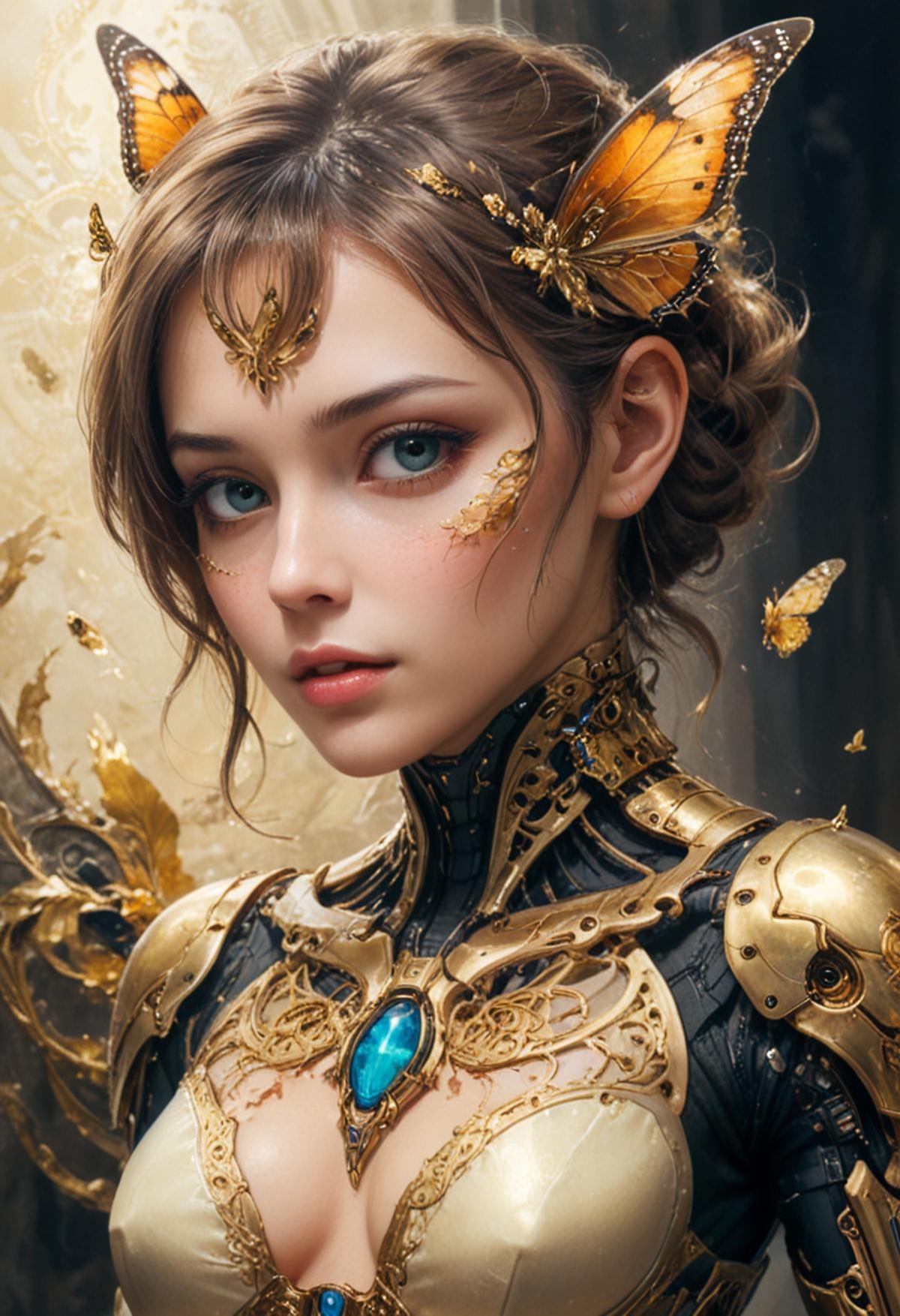 photo, 8k portrait of beautiful cyborg with brown hair, intricate, elegant, highly detailed, majestic, digital photography, art by artgerm and ruan jia and greg rutkowski surreal painting gold butterfly filigree, broken glass, (masterpiece, side lighting, finely detailed beautiful eyes: 1.2), hdr, realistic, high definition