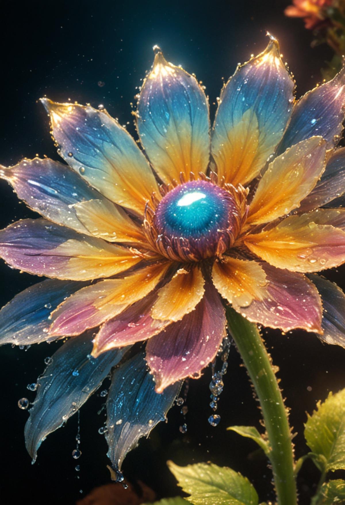 macro photo, AWESOME sparkling magical fantasy cosmic glass flower, dewdrop, Heavenly, beautiful, ultra detailed, ultimate details, amazing details, super sharp details, masterful, (masterpiece:1.2), intricate details, best quality, high quality, rich vibrant vivid colors, ultra high res, cinematic still, 4k, 8k uhd, extremely intricate, extremely detailed, amazing, fine detail, high resolution, perfect, wonderful, ultrarealistic, photorealistic glowing, shine, shiny