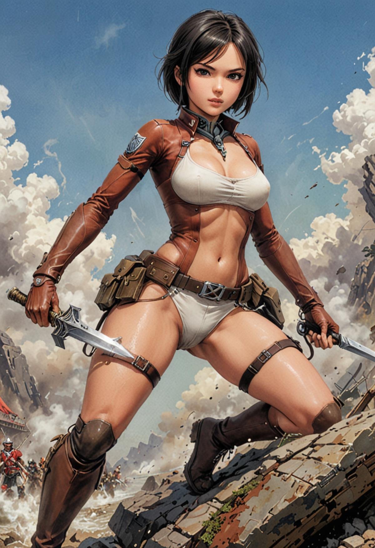 Pin up version of (Mikasa Ackerman (Attack on Titan):1.5), by Frank Frazetta