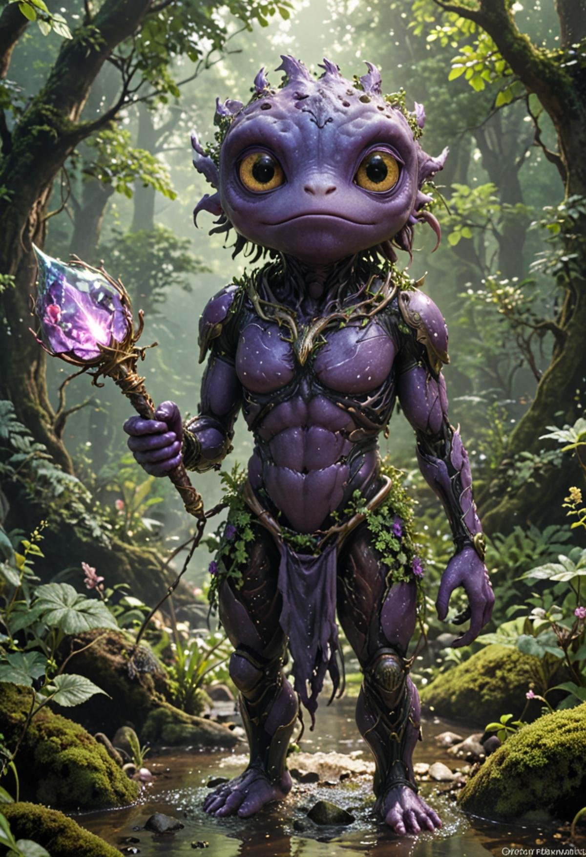 Cosmic Monster, one eye, in the middle of a forest, beautiful puddle, frogs, animals, alien, space, burly, wise, goatee, holding a scepter, soft render, ethereal, Black and purple, Cosmic Dream, Stunningly beautiful eye, Fantasy, dark fantasy, HD, Anime, Digital art, Detalied, Absurdres, highres, Hyperrealistic, 4k, 8k, intricate detail, extremely detailed, amazing quality, soft lighting, real colors, live colors, RTX_on, RTX_soft, RTX_hairsim