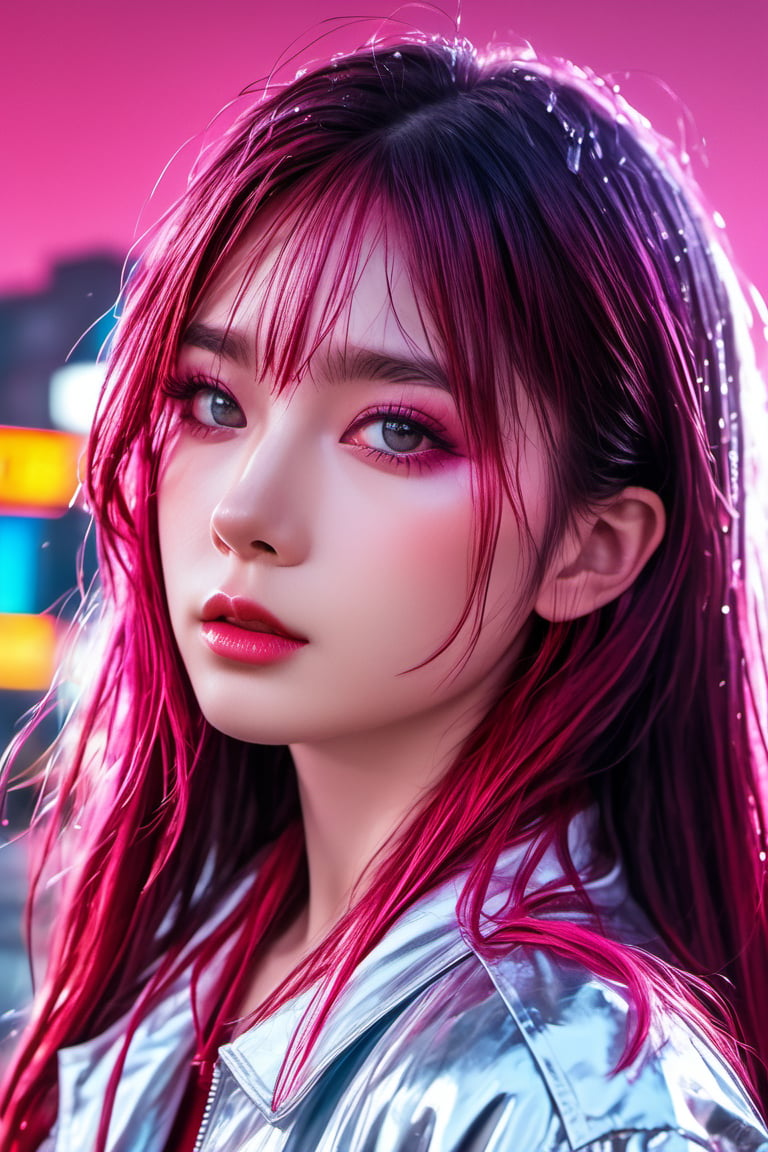 A lone figure stands amidst the rain-soaked streets of a cyberpunk metropolis, bathed in the vibrant glow of neon lights. Lucy, sporting a striking hime cut and multicolored locks featuring pink, silver, and red hues, dons a white jacket adorned with long sleeves. Her parted lips are painted a bold red, complementing her piercing grey eyes accented by red eyeliner. A scrunchie holds back her medium-length hair, framing her angular features as she gazes directly at the viewer under the radiant light of a full moon.