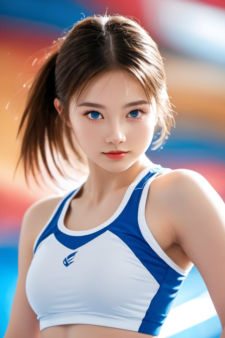 1 Girl, Beautiful, Baby Face, 18 Years Old, White Skin, Colossal Breast, Gymnastic Pose, ((White Tight Gymnastic Outfit)), Blue Eye, ((Muscles:1.1)), ((Bokeh:1.2)), Gymnastic Olympic Background