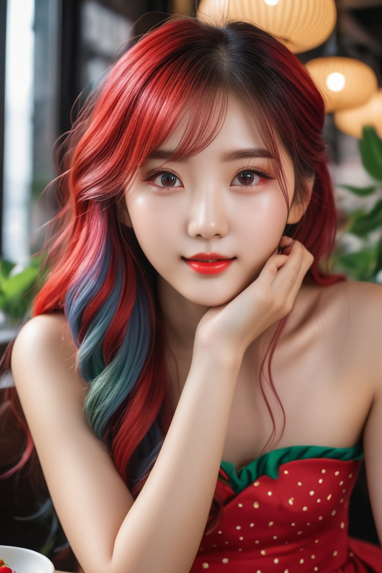 A majestic 20-year-old beauty sits in a charming Korea-inspired café, her stunning multicolored locks styled in a high-end French braid. She dons a vibrant red dress that accentuates her curves, as she indulges in the sweetness of a ripe strawberry. Her very detailed face shines with a bright smile, complemented by her striking brown and black eyes that sparkle like gemstones. The 8K resolution captures every strand of hair, and every eyelash framing her gorgeous gaze, upper body, focus on strawberry, Korean girl, SimplePositiveXLV2