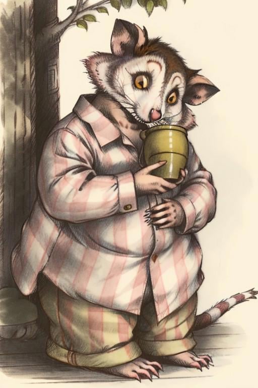 Anthropomorphic opossum wearing pajamas,  by Arnold Lobel by Invisidude on Tensor.Art