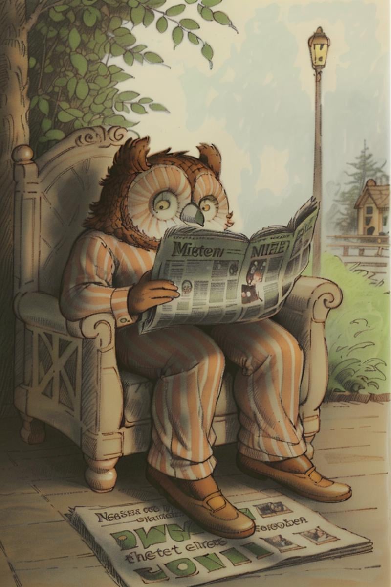 owl wearing pajamas,  reading a newspaper outdoors,  by Arnold Lobel by Invisidude on Tensor.Art