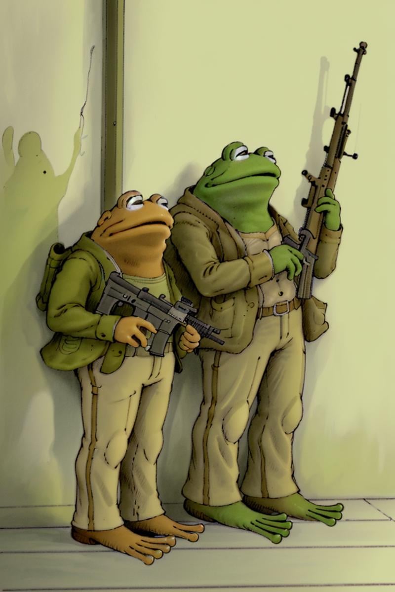 frog and toad in a gun store looking at rifles on the wall,  anthropomorphic frog,  by Arnold Lobel by Invisidude on Tenso...