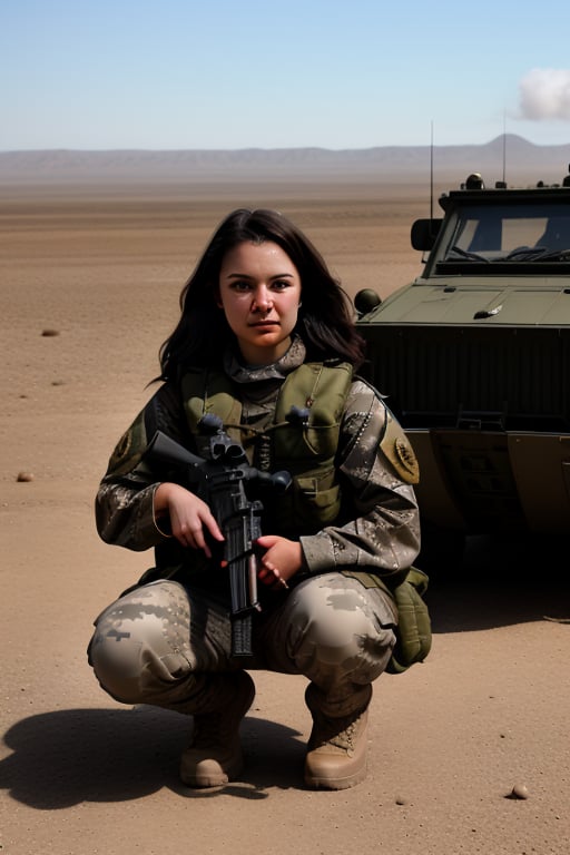 A 25-year-old woman with long dark brown hair styled in a braid under her helmet. She has light skin and a vigilant expression with clear, detailed almond-shaped brown eyes. Her face features are soft yet defined, with a slightly pointed chin, high cheekbones, and a slightly hooked nose that reflects her Jewish heritage. She is wearing full combat gear, including a camouflage uniform and tactical vest. She is in a defensive position, crouched behind cover, holding her rifle and scanning the area. The background shows a desert environment with military vehicles in the distance under a bright sky.