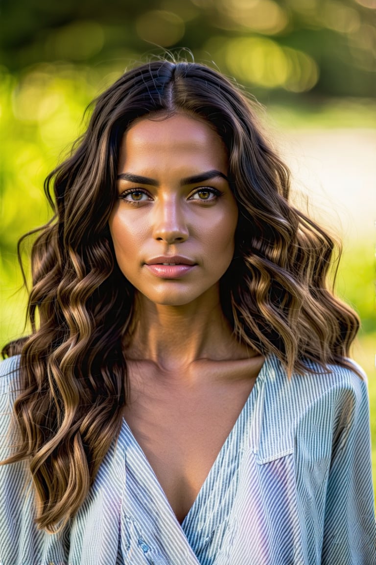 (Skin texture), Super high res closeup (face) portrait photo of a woman outdoors with long wavy hair,f /2.8, Canon, 85mm,cinematic, high quality,looking at the viewer,  jenxcolemn,  