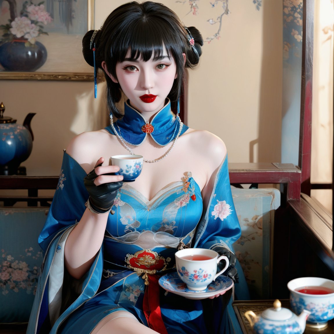 masterpiece,xinglan,1girl, 22 years old,solo, looking at viewer, realistic, indoors, red lips, upper body,drinking tea,more detail XL