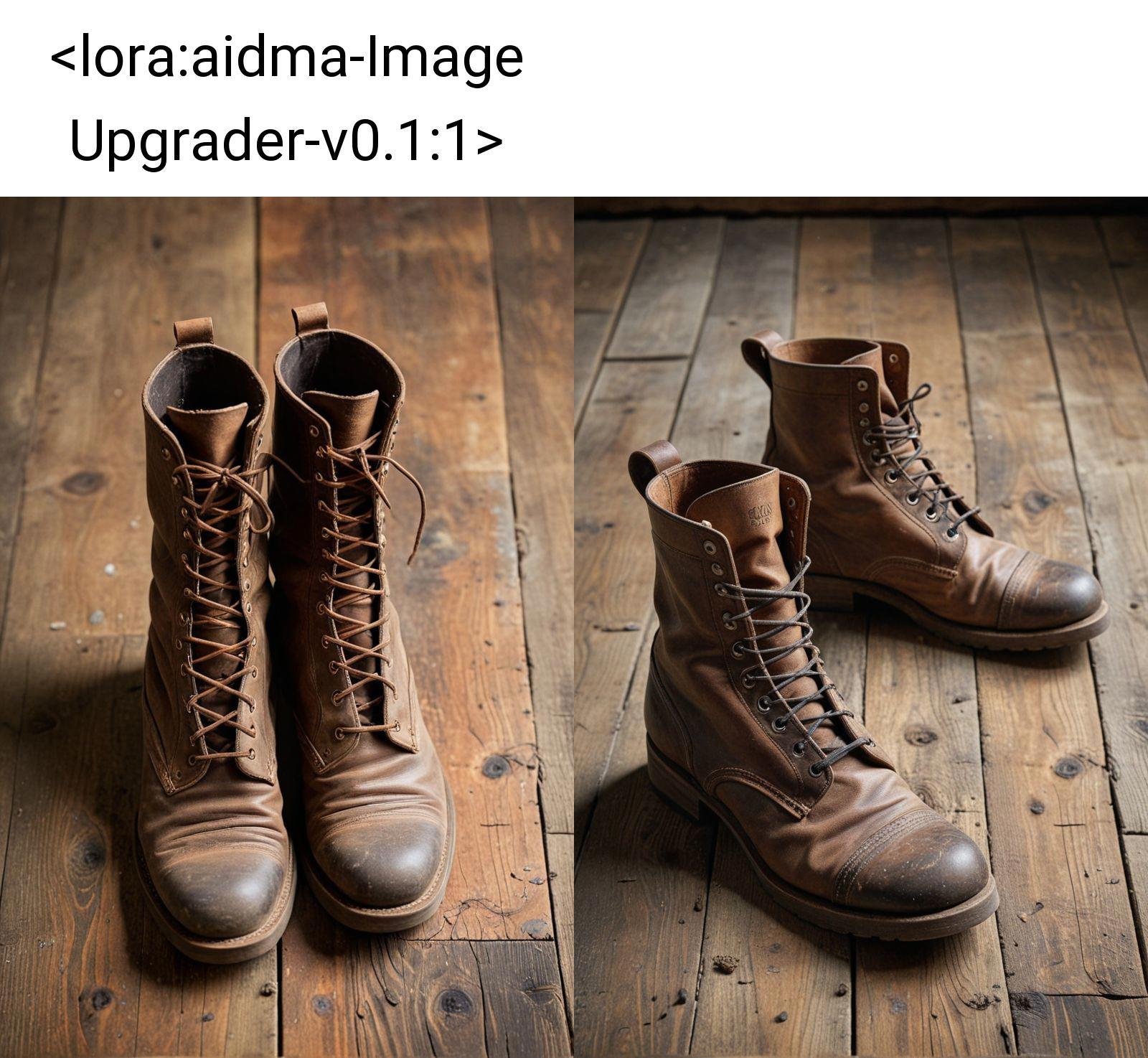 A close-up of a pair of vintage leather boots, worn and weathered, standing on a dusty wooden floor, the details of the creases and scuffs telling a story of many journeys and adventures. ,photography, Natural geographic photo, Hyper-realistic, 16k resolution, (masterpiece, award winning artwork), many details, extreme detailed, full of details, Wide range of colors, high Dynamicproduct photo<lora:aidma-Image Upgrader-v0.1:1> , detailmaximizer, max details 