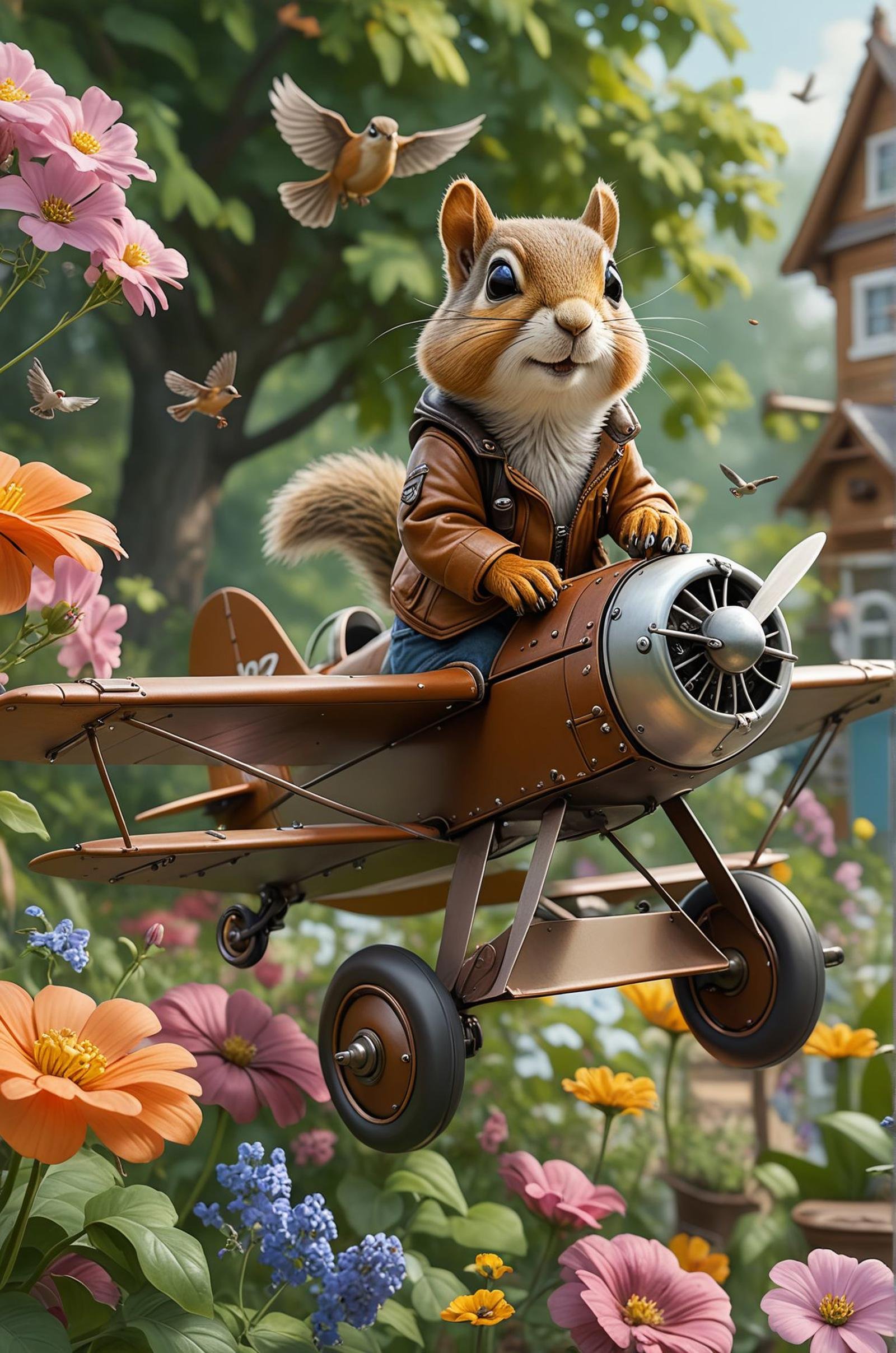 A mischievous squirrel wearing aviator goggles and a leather jacket,  piloting a miniature biplane through a garden,  swoo...