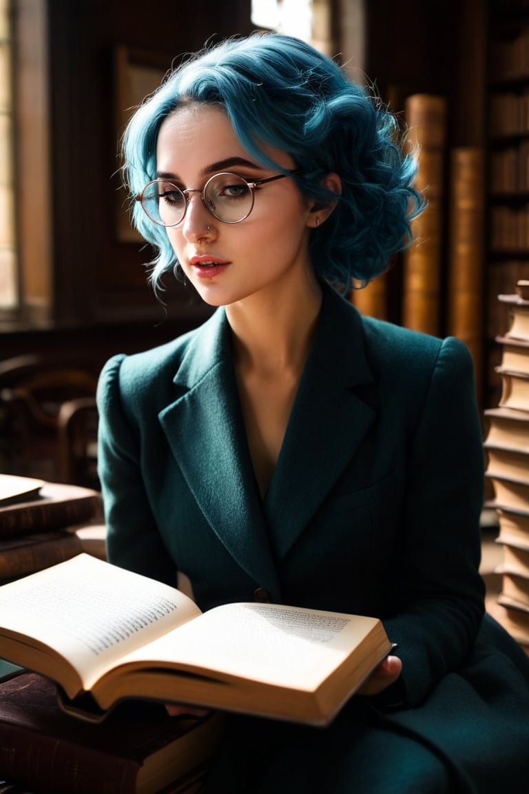 HQ photography, closeup portrait, sharp focus, bokeh background, high contrast, In a serene, cinematic setting, a lovely, young woman, reminiscent of Angeline, sits in an antique university library, looking at the book, Degas-like attention to detail captures every curl and curve of her body. In the background, an antique library full of books and ladders is bathed by the afternoon sun rays, creating a sense of depth and atmosphere. The overall effect is stunning, with cinematic flair, masterpiece, shines brightly on ArtStation, trending for all to admire.,dark academia outfit, brown teal color palette, Rembrandt Lighting Style,darkacademia,photorealistic,tweed blazer, collar shirt, beret,Kodak Motion Picture Film Style,LYR4CR, round glasses, blue_hair