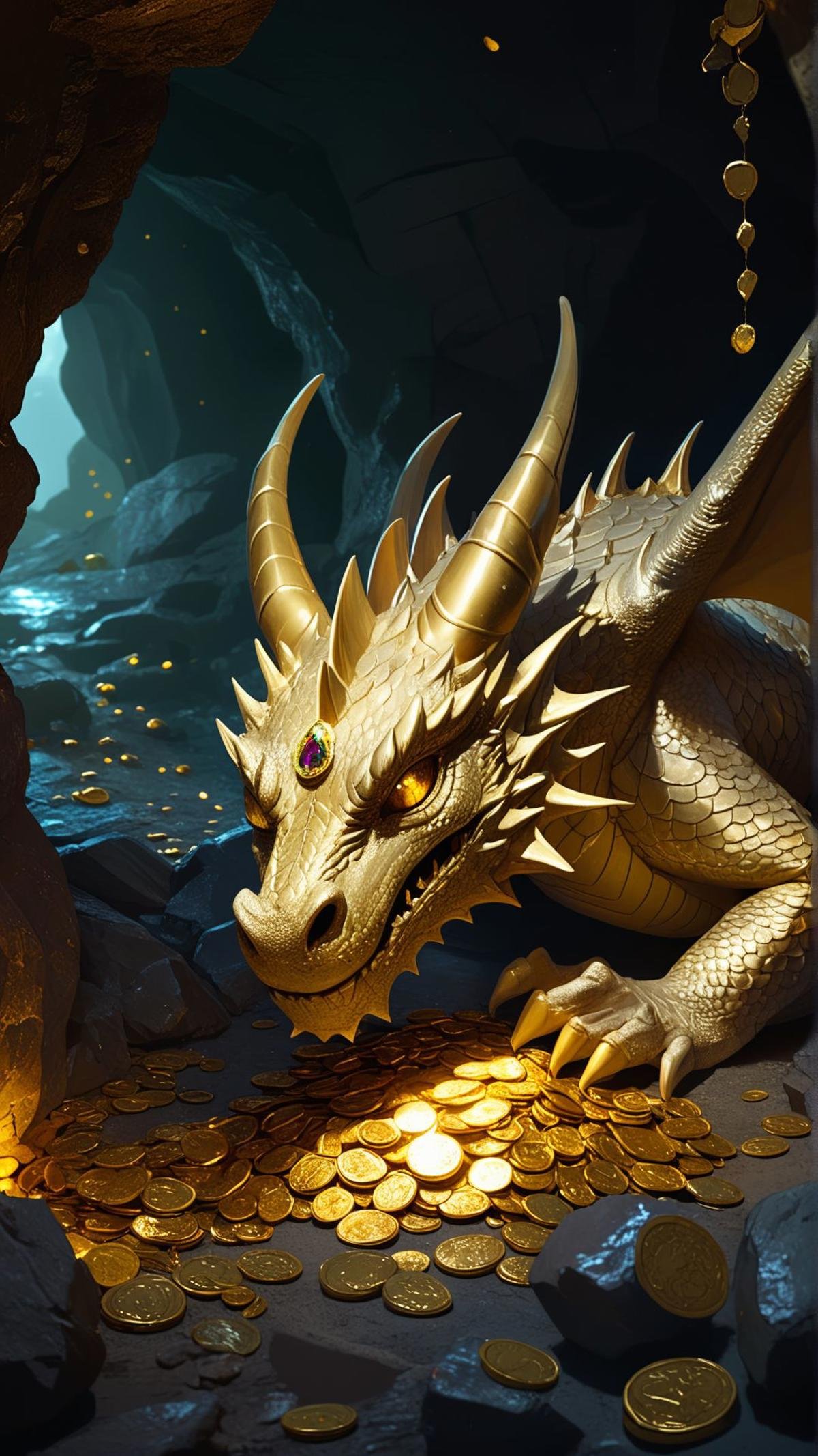 A detailed illustration of a dragon curled around a treasure hoard in a cave,  its scales glistening in the dim light,  wi...